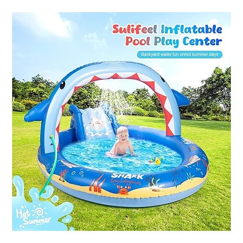  SULIFEEL Shark Inflatable Play Center Kiddie Pool with Slide and Sprinkler for Children, 8ft x 5ft x 9.5in Baby Pool for Backyard and Garden, Free Inflatable Pump