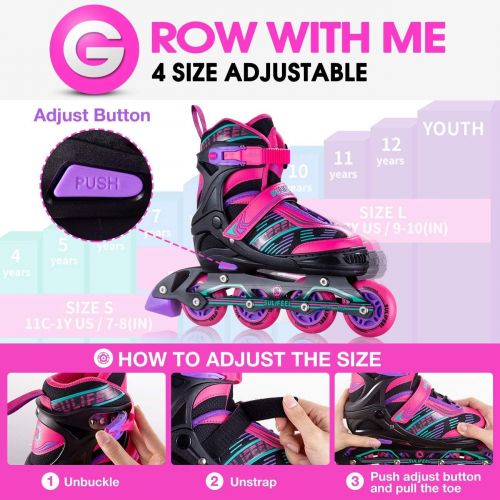  Sulifeel Arigena 4 Size Adjustable Light up Inline Roller Skates for Girls and Boys, Roller Skates for Kids and Women Adults Red Purple Green