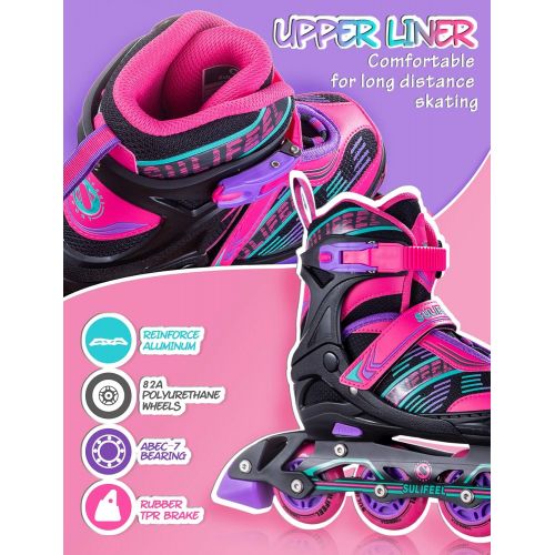  Sulifeel Arigena 4 Size Adjustable Light up Inline Roller Skates for Girls and Boys, Roller Skates for Kids and Women Adults Red Purple Green