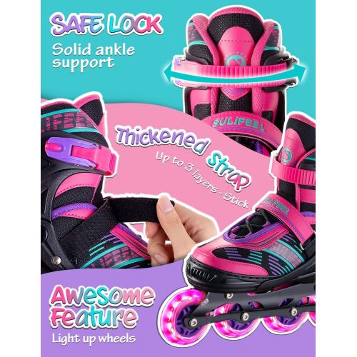  Sulifeel Arigena 4 Size Adjustable Light up Inline Roller Skates for Girls and Boys, Roller Skates for Kids and Women Adults Red Purple Green