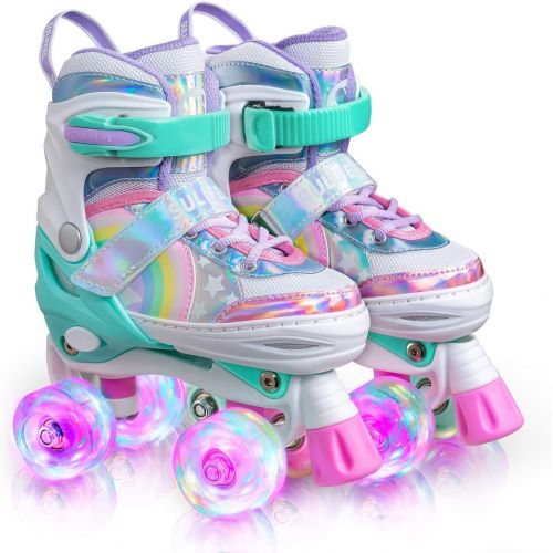  Sulifeel Rainbow Unicorn 4 Size Adjustable Light up Roller Skates for Girls Boys for Kids