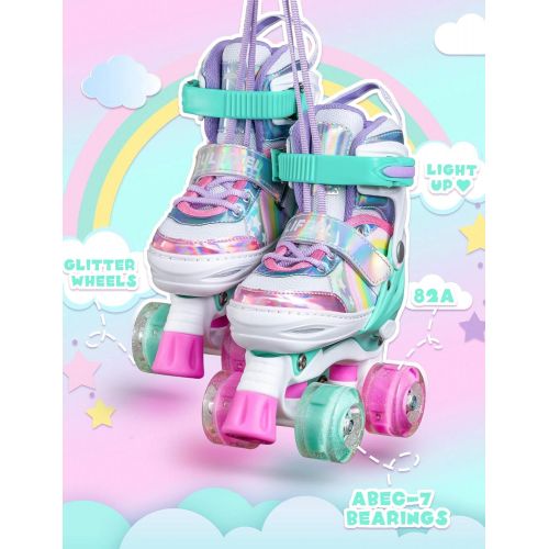  Sulifeel Rainbow Unicorn 4 Size Adjustable Light up Roller Skates for Girls Boys for Kids