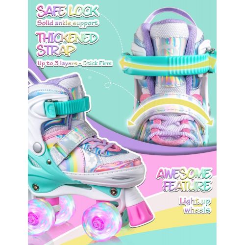  Sulifeel Rainbow Unicorn 4 Size Adjustable Light up Roller Skates for Girls Boys for Kids