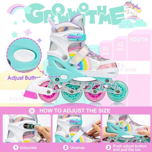  SULIFEEL Rainbow Unicorn Inline Skates for Girls Boys 4 Size Adjustable Light up Wheels Roller Blades for Kids Beginner