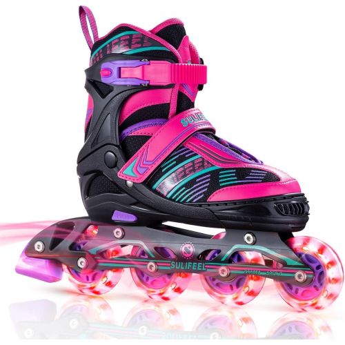  SULIFEEL Rainbow Unicorn Inline Skates for Girls Boys 4 Size Adjustable Light up Wheels Roller Blades for Kids Beginner