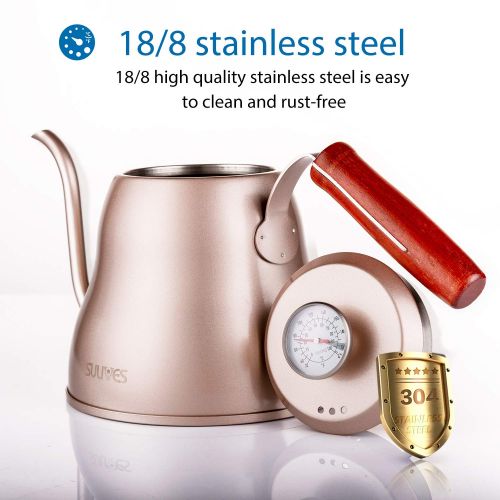  SULIVES Kaffeekessel Edelstahl mit Thermometer, 1,2 l/40oz,Wasserkessel Edelstahl mit schwanenhals,gooseneck pour over coffee kettle fuer praezises Ausgiessen - Champagner