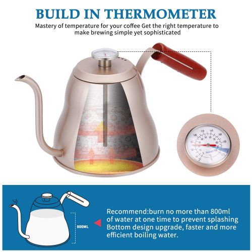  SULIVES Kaffeekessel Edelstahl mit Thermometer, 1,2 l/40oz,Wasserkessel Edelstahl mit schwanenhals,gooseneck pour over coffee kettle fuer praezises Ausgiessen - Champagner