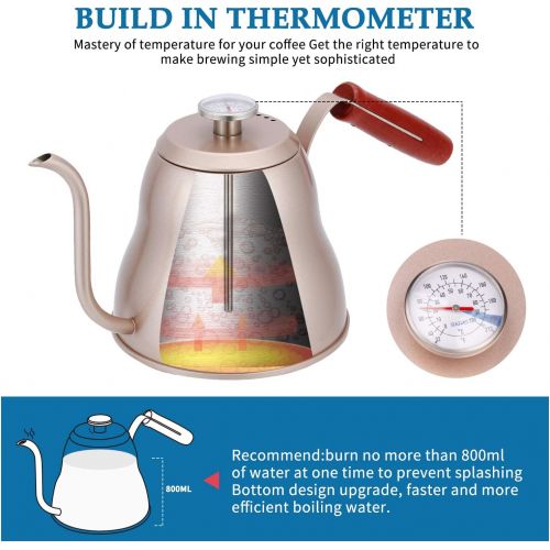  SULIVES Kaffeekessel Edelstahl mit Thermometer, 1 l/34oz,Wasserkessel Edelstahl mit schwanenhals,gooseneck pour over coffee kettle fuer prazises Ausgiessen - Champagner