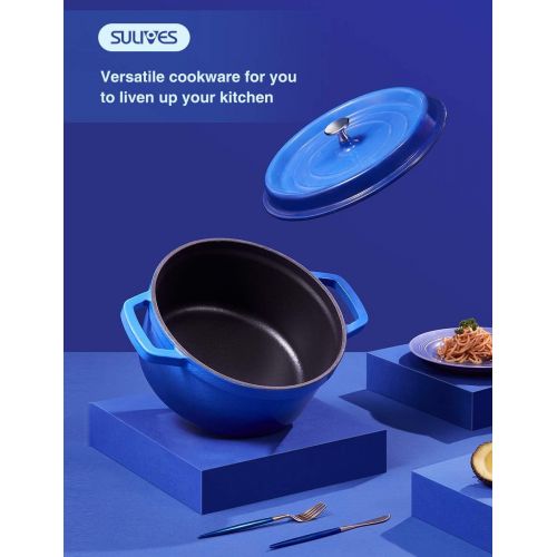  SULIVES Non-Stick Enamel Cast Iron Dutch Oven Pot with Lid Suitable for Bread Baking Use on Gas Electric Oven 3 Quart for 2-3 People(Dark Blue)
