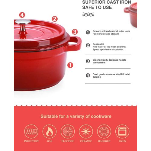  SULIVES Enameled Cast Iron Dutch Oven Non-Stick Bread Baking Pot with Lid Suitable for Bread Baking Use on Gas Electric Oven 5 Quart, Red