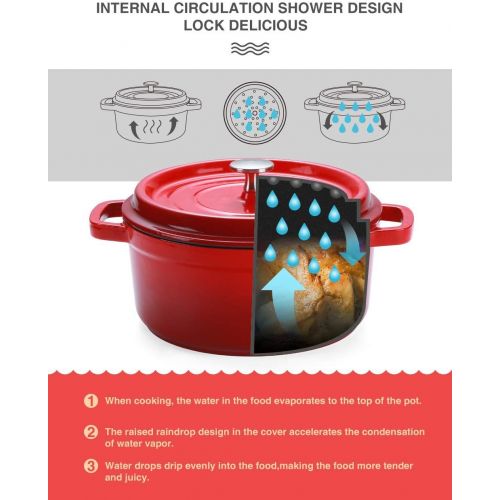  SULIVES Enameled Cast Iron Dutch Oven Non-Stick Bread Baking Pot with Lid Suitable for Bread Baking Use on Gas Electric Oven 5 Quart, Red