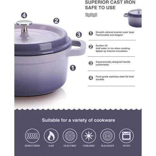  SULIVES Non-Stick Enamel Cast Iron Dutch Oven Pot with Lid Suitable for Bread Baking Use on Gas Electric Oven 5 Quart for 4-6 People(Purple)