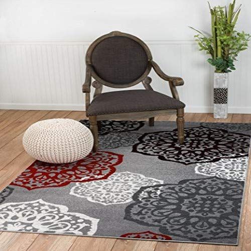  SUMMIT BY WHITE MOUNTAIN New Summit Elite S 53 Moroccan Madallions Gray White Black Red Modern Abstract Area Rug (4x5 Actual Size is 3.8x 5)
