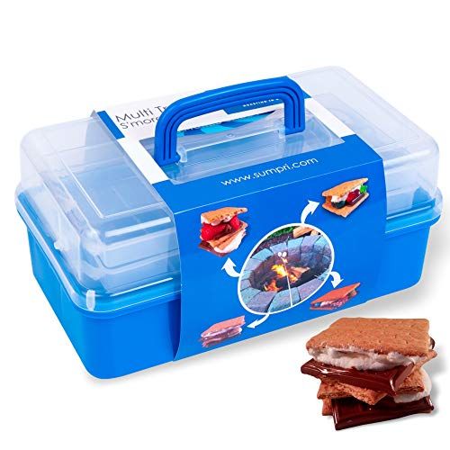  SUMPRI Smores Caddy with Two Folding Trays -Smore Box That Keeps Your Marshmallow Roasting Sticks/Crackers/Chocolate Bars Organized -Fire Pit Accessories Kit,Campfire Smore Skewers