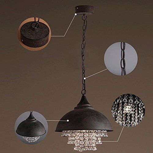  Industrial Ceiling Light, SUN RUN Creative Iron Shaded with Glittering Crystal Chandelier Vintage Metal Pendant Lamp for Dining Room Kitchen, 1-Light Fixture Using E26 Bulb, Black