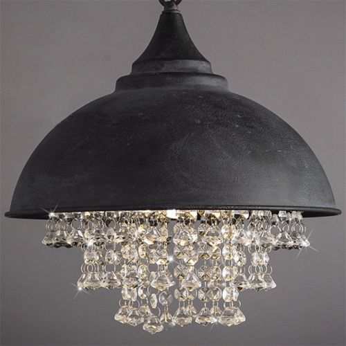  Industrial Ceiling Light, SUN RUN Creative Iron Shaded with Glittering Crystal Chandelier Vintage Metal Pendant Lamp for Dining Room Kitchen, 1-Light Fixture Using E26 Bulb, Black