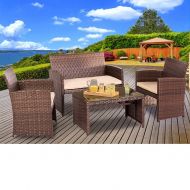 SUNCROWN Outdoor Furniture 4-Piece Conversation Set with Glass Top Table All-Weather Wicker and Thick Cushions with Washable Covers, Brown