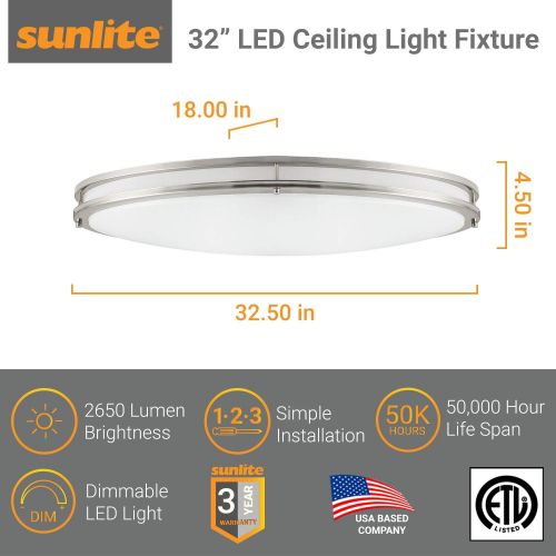  Sunlite 49097 LED 32-Inch Oval Flush Mount Ceiling Lighting Fixture, Satin Nickel, 4000K Cool White