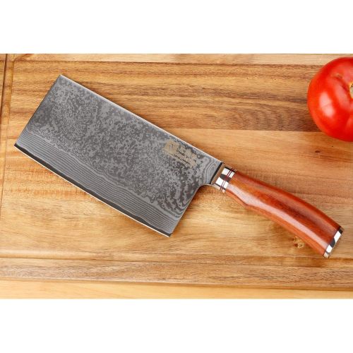  Sunlong Meat Cleavers 7 inch Damascus Chinese Vegetable Cleaver -Japanese Hammered Damascus Steel-Bloodwood Handle