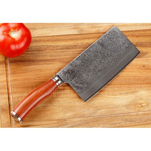  Sunlong Meat Cleavers 7 inch Damascus Chinese Vegetable Cleaver -Japanese Hammered Damascus Steel-Bloodwood Handle
