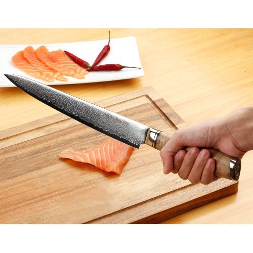  Sunlong Fillet Knife Sashimi Sushi Carving Knife 10 Inch Japanese Knife - 67 layer Damascus Steel- Natural Burl Wood Handle - Walnut Wood Sheath - Flannel Knife Bag