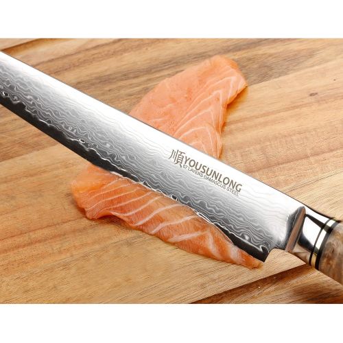  Sunlong Fillet Knife Sashimi Sushi Carving Knife 10 Inch Japanese Knife - 67 layer Damascus Steel- Natural Burl Wood Handle - Walnut Wood Sheath - Flannel Knife Bag