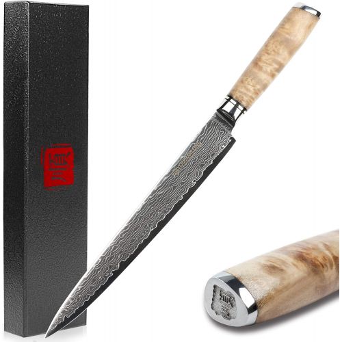  Sunlong Fillet Knife Sashimi Sushi Carving Knife 10 Inch Japanese Knife - 67 layer Damascus Steel- Natural Burl Wood Handle - Walnut Wood Sheath - Flannel Knife Bag