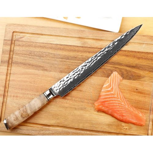  Sunlong Fillet Knife Sashimi Sushi Carving Knife 10 Inch Japanese Knife - 67 layer Damascus Steel- Natural Burl Wood Handle - Walnut Wood Sheath - Flannel Knife Bag