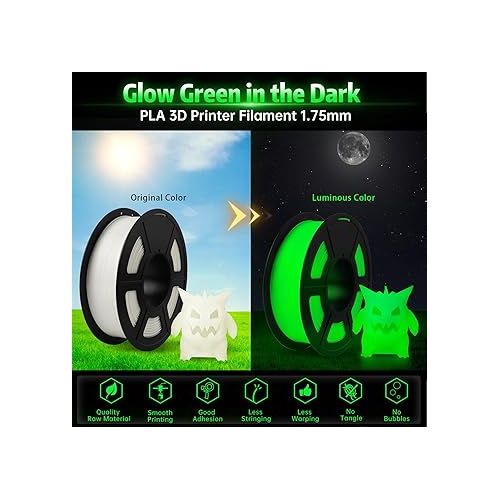  SUNLU Glow in the Dark PLA Filament, Neatly Wound Luminous PLA 3D Printer Filament 1.75mm Dimensional Accuracy +/- 0.02mm, Fit Most FDM 3D Printer, 1kg Spool (2.2lbs), 330 Meters, White PLA Glow Green