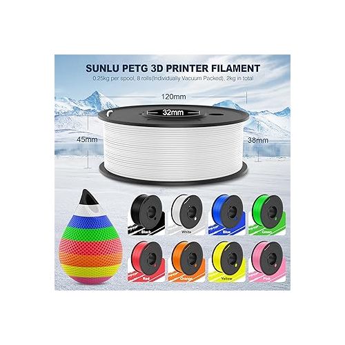  SUNLU 3D Printer Filament Bundle Multicolor PETG Filament 1.75mm, Individually Vacuum Packed, 2kg in Total, 0.25kg per Spool, 8 Pack, 8 Colors, Black+White+Green+Red+Blue+Orange+Yellow+Pink