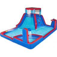 Sunny & Fun Four Corner Inflatable Water Slide Park ? Heavy-Duty for Outdoor Fun - Climbing Wall, Slide & Deep Pool ? Easy to Set Up & Inflate with Included Air Pump & Carrying Cas