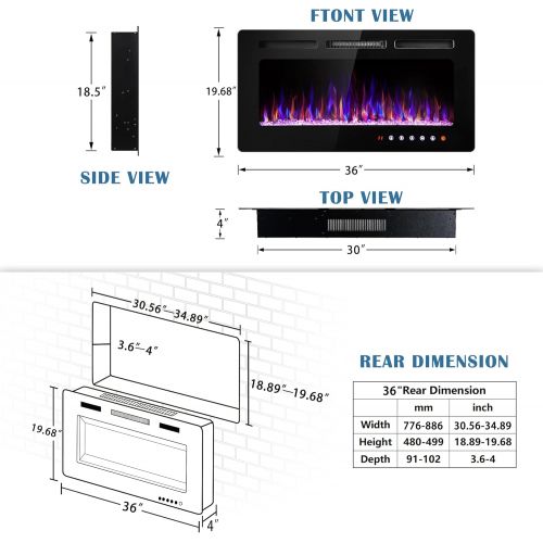  SUNNY Flame 36 Inch Electric Fireplace Insert and Wall Mounted, Fireplace Heater, Log Set & Crystal Options, Remote Control with Timer, Adjustable Flame Color 750/1500W Heat