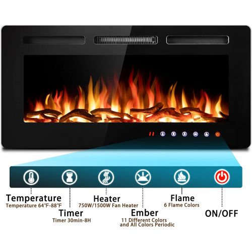  SUNNY Flame 36 Inch Electric Fireplace Insert and Wall Mounted, Fireplace Heater, Log Set & Crystal Options, Remote Control with Timer, Adjustable Flame Color 750/1500W Heat