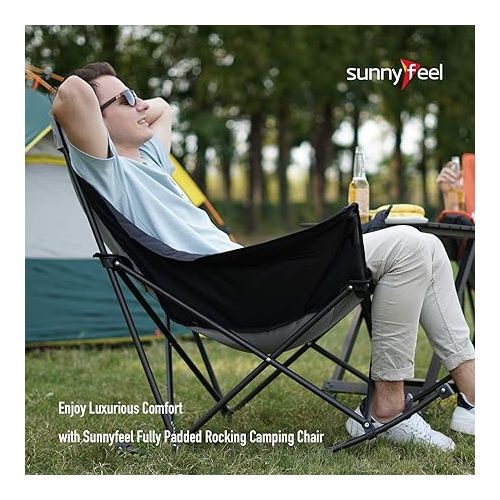  SUNNYFEEL Rocking Camping Chair, Luxury Padded Recliner, Oversized Folding Lawn Chair with Pocket, Heavy Duty for Outdoor/Picnic/Lounge/Patio, Portable Camp Rocker Chairs with Carry Bag