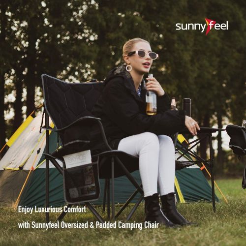  SUNNYFEEL Oversized Camping Chair, Folding Camp Chairs for Adults Heavy Duty Big Tall People 300 LBS, XL Padded Portable Lawn Chair with Armrest Cup Holder & Pocket for Outdoor/Picnic/Beach