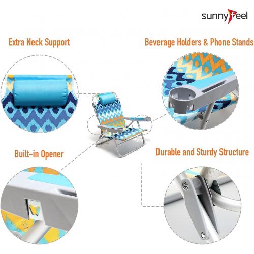  Sunnyfeel Low Beach Chair 5 Position Lay Flat, Portable Folding Camping Chairs with Cup Holder for Outdoor/Lawn/Trip/Picnic/Fishing, Lightweight Foldable Backpack Beach Chair for A