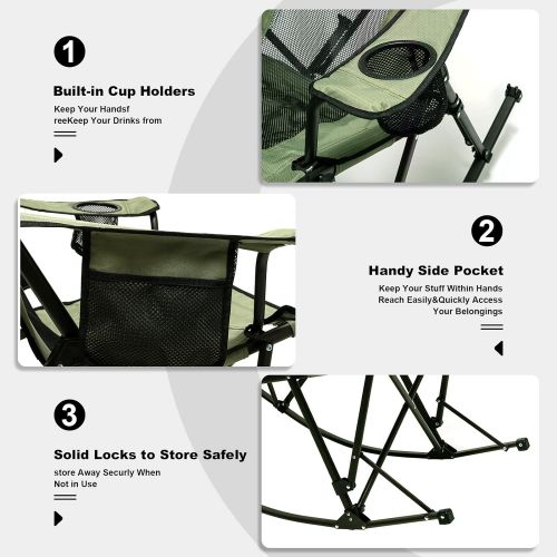  Sunnyfeel Camping Rocking Chair, Folding Lawn Chair with Cup Holder, Storage Pocket, Mesh Back Recliner for Beach/Outdoor/Travel/Picnic/Patio, Portable Camp Rocker Chairs with Carr
