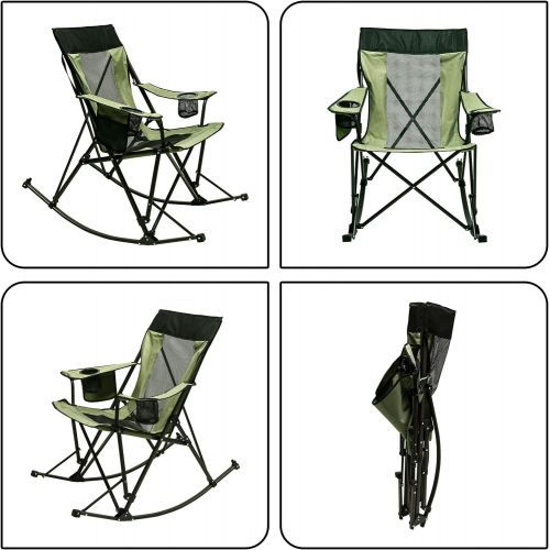  Sunnyfeel Camping Rocking Chair, Folding Lawn Chair with Cup Holder, Storage Pocket, Mesh Back Recliner for Beach/Outdoor/Travel/Picnic/Patio, Portable Camp Rocker Chairs with Carr