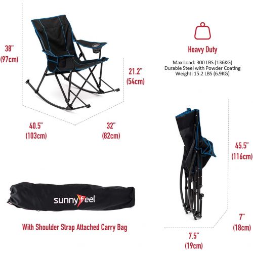  Sunnyfeel Camping Rocking Chair, Folding Lawn Chairs with Cup Holder, Storage Pocket, Mesh Back Recliner for Beach/Outdoor/Travel/Picnic/Patio, Portable Camp Rocker Chair with Carr