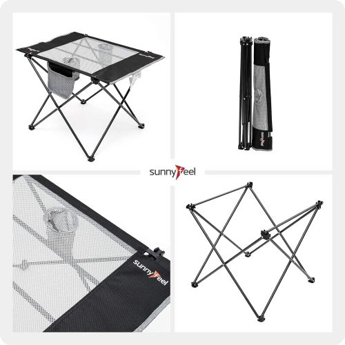  SunnyFeel Folding Camping Table, Compact Portable Picnic Tables, Lightweight Fabric Roll Up Folding Camp Table with Cup Holder,Pocket,Carry Bag for Cooking, Outdoor, Beach, Hiking,
