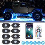 SUNPIE RGB LED Rock Lights -8 Pod Lights with Phone App/Remote Control & Timing & Music Mode & Flashing & Automatic Control & Color Grad Multicolor Underglow Neon Lights for Jeep Off Road