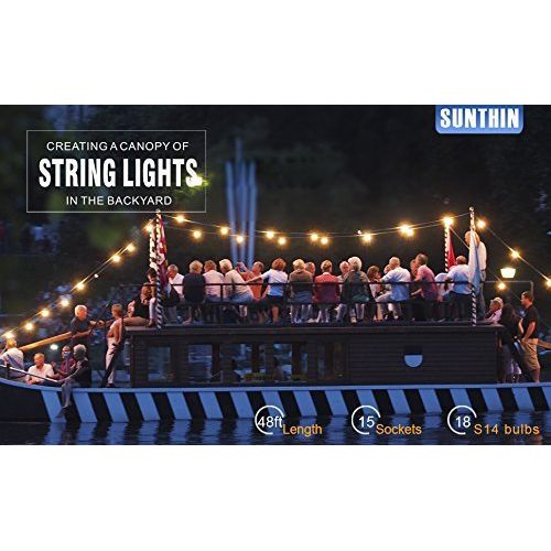  SUNTHIN 48ft String Lights with 15 x E26 Sockets and Hanging Loops, 18 x 11 Watt S14 Bulbs (3 Spares) -Indoor/Outdoor String of Lights, Commercial String Lights, Patio Lights, Ligh