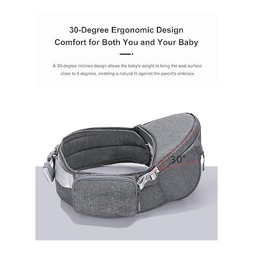  SUNVENO Baby Carrier, Ergonomic Baby Hip Seat Waist Stool CPC-Certified Infant Carrier, Adjustable Waistband & Various Pockets for Newborns, Infants, Babies, All Seasons Carrier, Grey