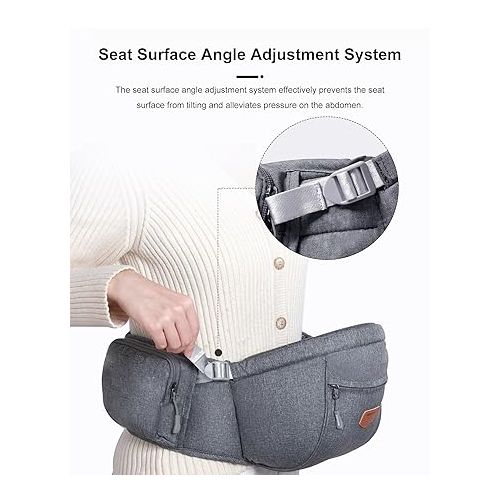  SUNVENO Baby Carrier, Ergonomic Baby Hip Seat Waist Stool CPC-Certified Infant Carrier, Adjustable Waistband & Various Pockets for Newborns, Infants, Babies, All Seasons Carrier, Grey