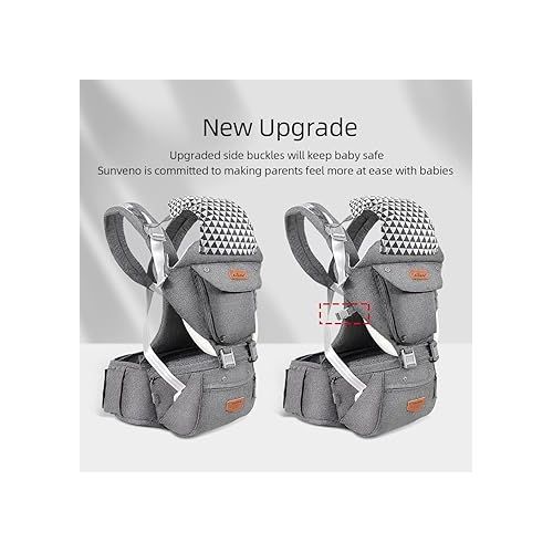  SUNVENO Baby Hipseat Ergonomic Baby Carrier Soft Cotton 6 in 1 Safety Infant Newborn Hip Seat for Home, Outdoor, Travel, 6-36 Months Babies Girls and Boys, Grey