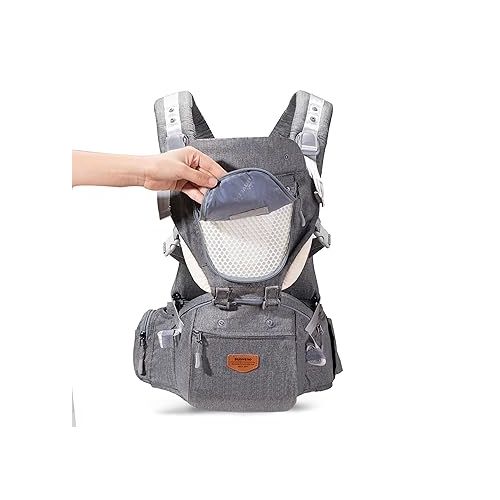  SUNVENO Baby Hipseat Ergonomic Baby Carrier Soft Cotton 6 in 1 Safety Infant Newborn Hip Seat for Home, Outdoor, Travel, 6-36 Months Babies Girls and Boys, Grey