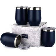 [아마존 핫딜] [아마존핫딜]SUNWILL Insulated Wine Tumbler with Lid Navy Blue 4 pack, Double Wall Stainless Steel Stemless Insulated Wine Glass 12oz, Durable Insulated Coffee Mug, for Champaign, Cocktail, Bee