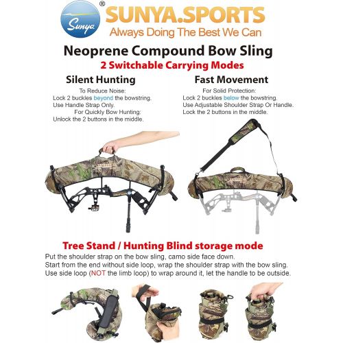  SUNYA Neoprene Compound Bow Sling, Silent Hunting or Fast Movement 2 Carrying Modes Switchable. Removable & Adjustable Shoulder Strap. Camouflage Fabric.