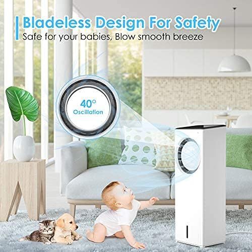  SUPALAK Evaporative Air Cooler, 3-IN-1 Portable Air Conditioner Personal Bladeless Tower Fan/AC Cooling & Humidification, 3 Wind Speeds, 3 Modes, 40° Oscillation,4-8H Timer Air Cooler For