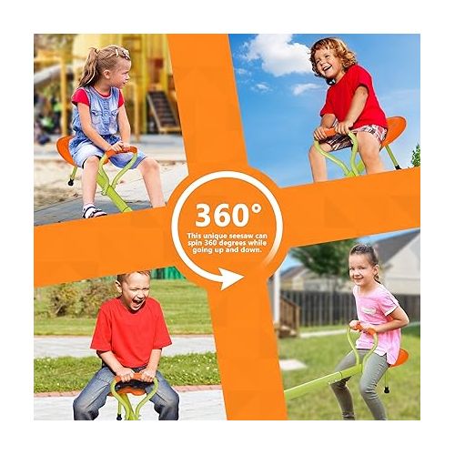  SUPER DEAL Kids Teeter Totter, 4 Seat Seesaw 360° Rotate All Steel Extendable Tubes Weather and Rust Resistant for Indoor Outdoor Playground (Orange&Green)